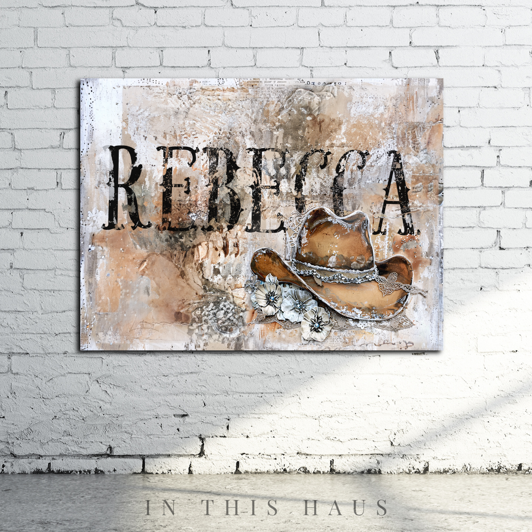Personalized Name Western Canvas | Rebecca Rustic Cowgirl Hat Design