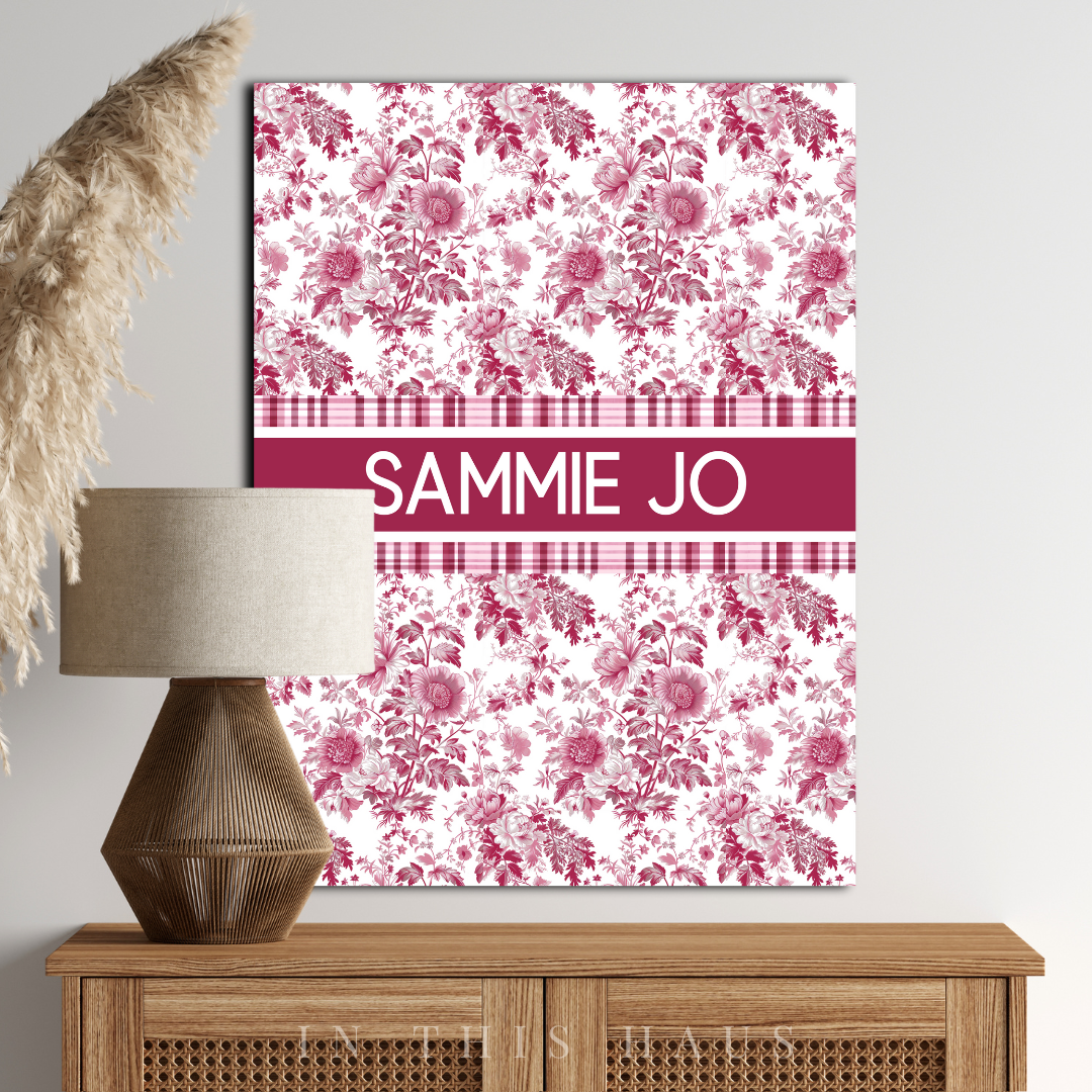 Personalized gift canvas featuring pink floral and gingham design with the name Sammie Jo