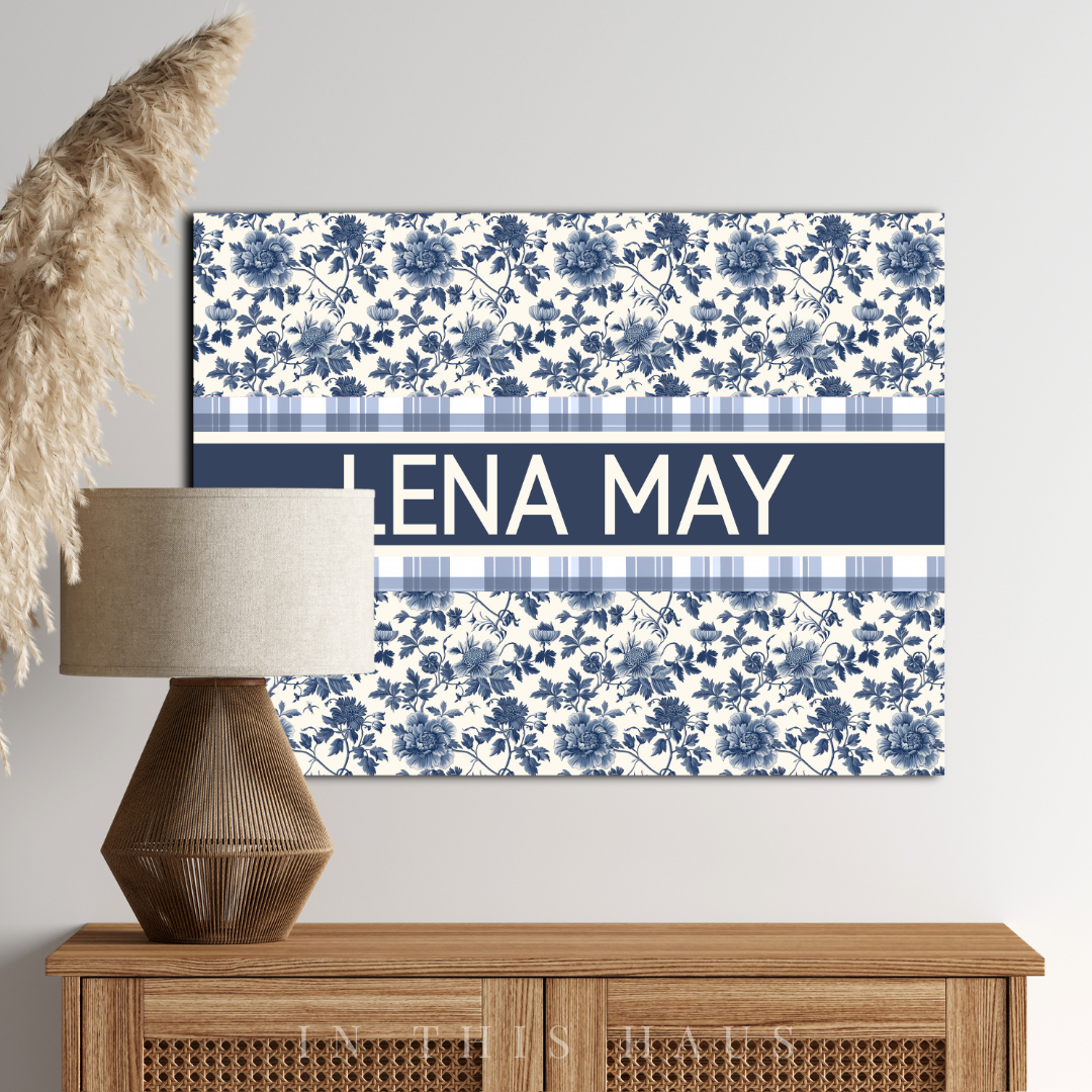 Lena May Floral Personalized Canvas with blue floral and plaid design featuring a custom name.
