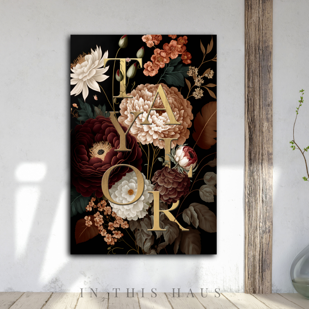 High-quality canvas print of a floral name sign with personalized golden typography.