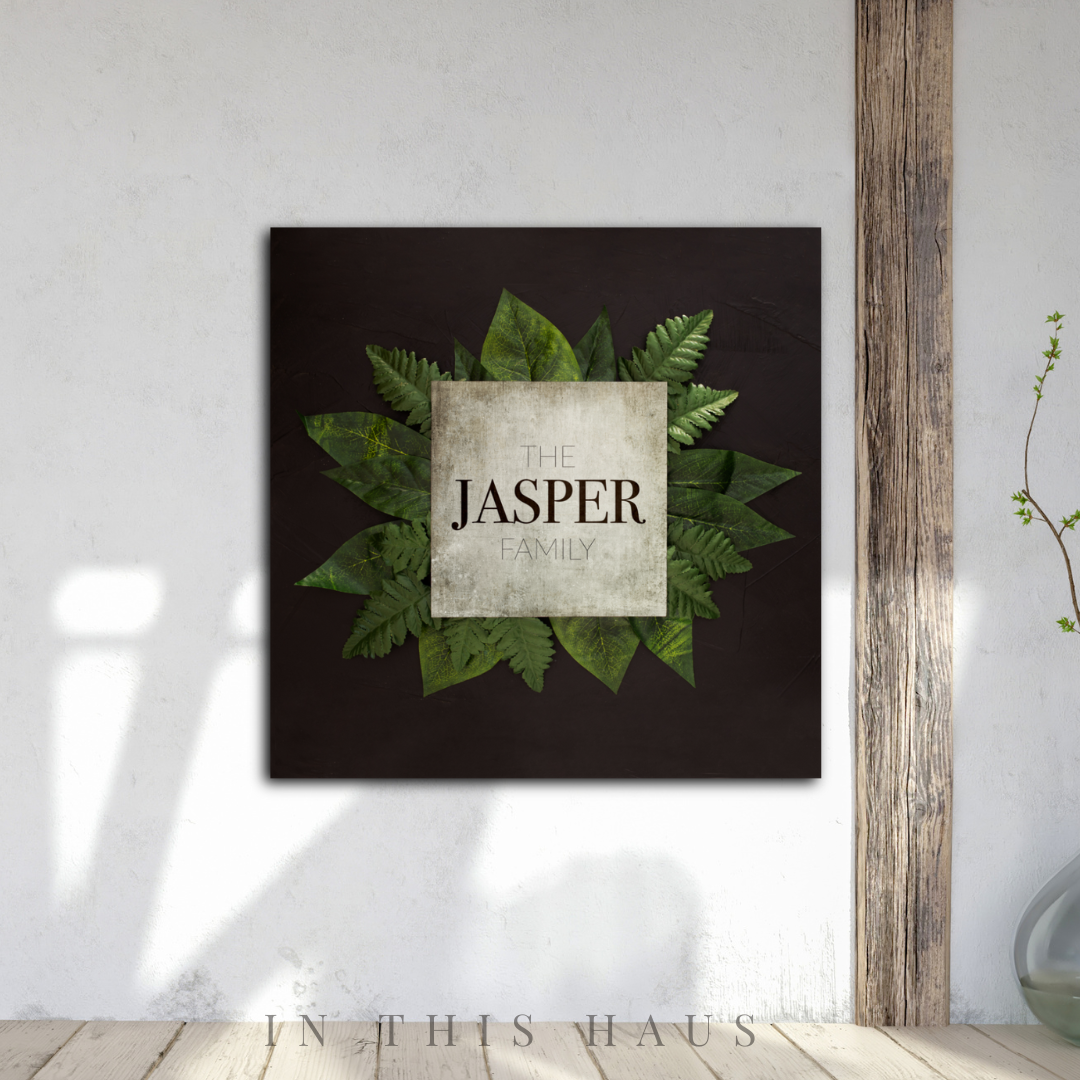 Modern farmhouse living room paired with the Jasper Greenery Canvas for a neutral accent.