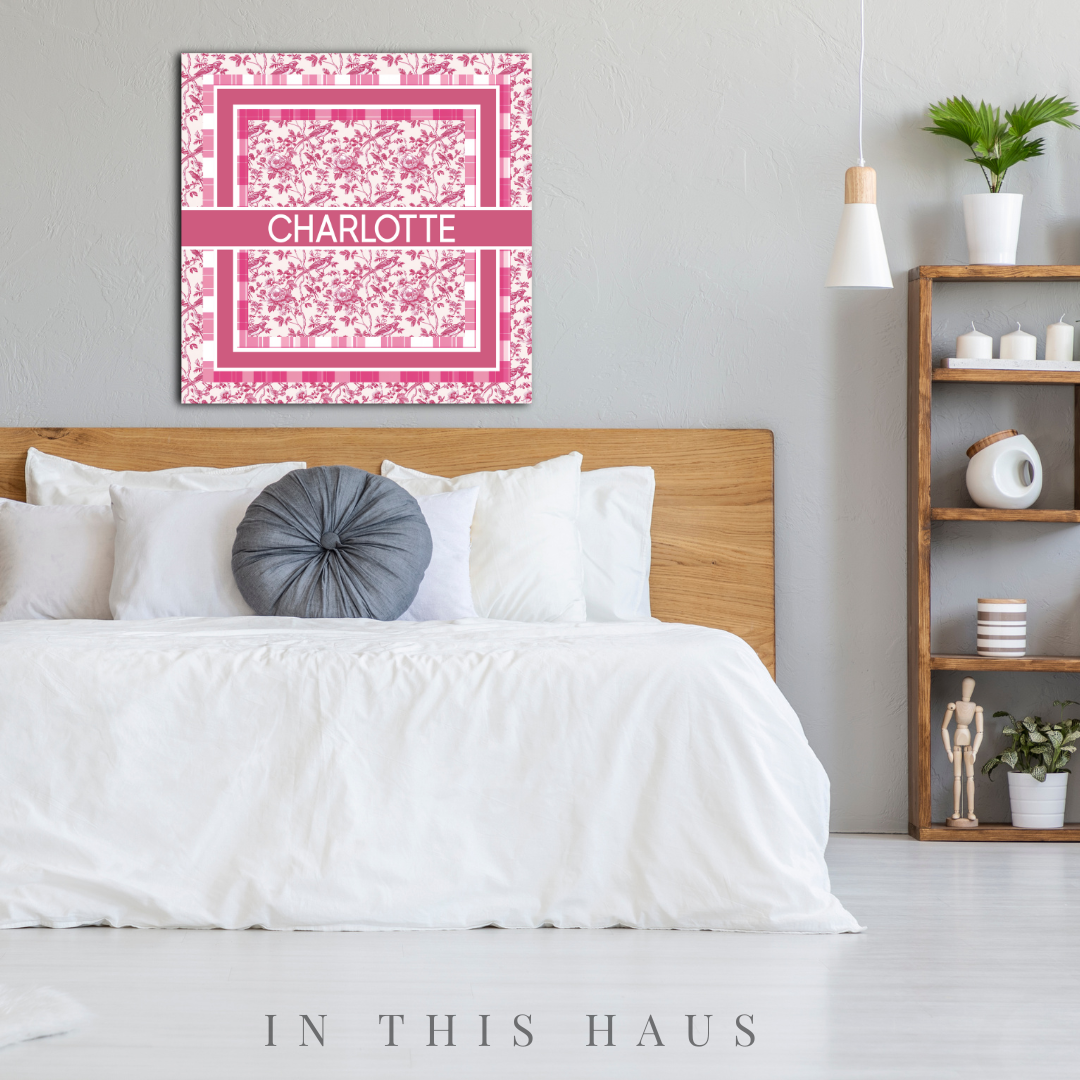 Personalized Pink Toile and Plaid Canvas | Elegant Vintage Name Sign