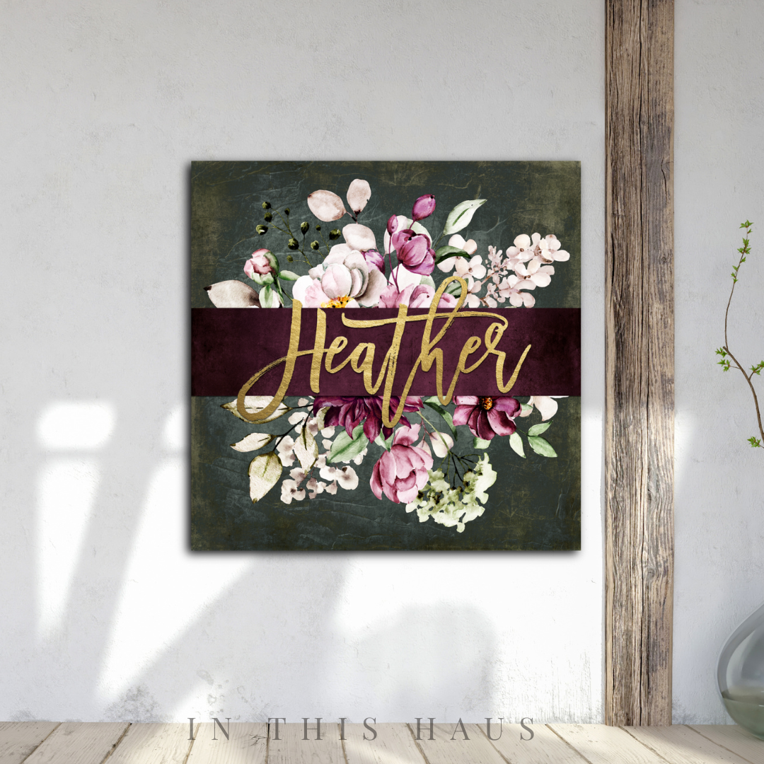 Heather Floral Wall Art Canvas with customizable golden script and elegant burgundy and blush blooms.