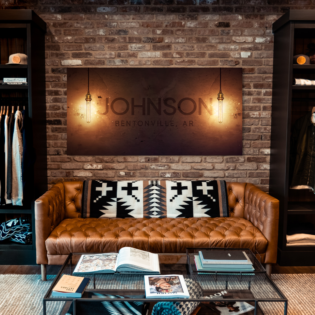 Personalized industrial canvas featuring the Johnson family name and Bentonville, AR