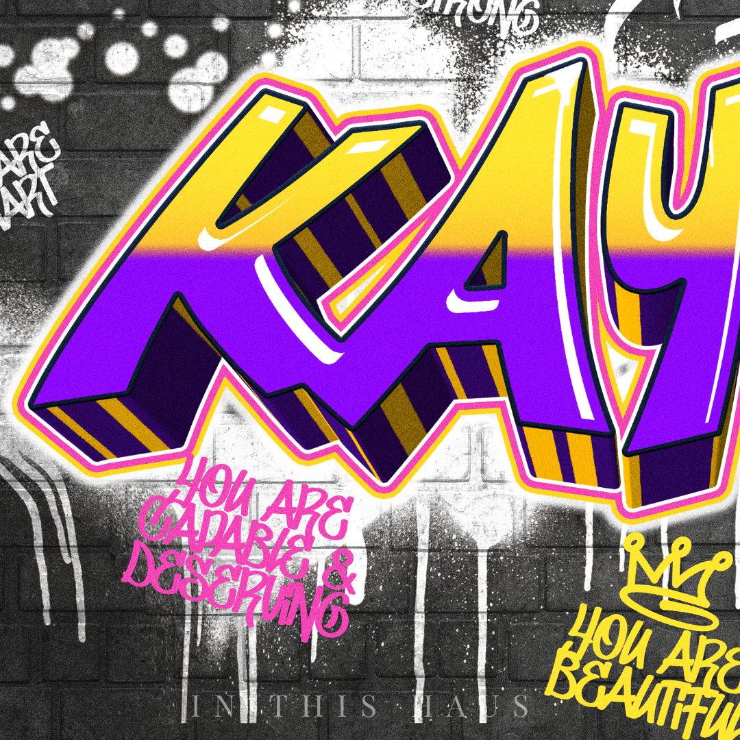 Bold street art style of the Kayce graffiti canvas showcased in a modern game room.