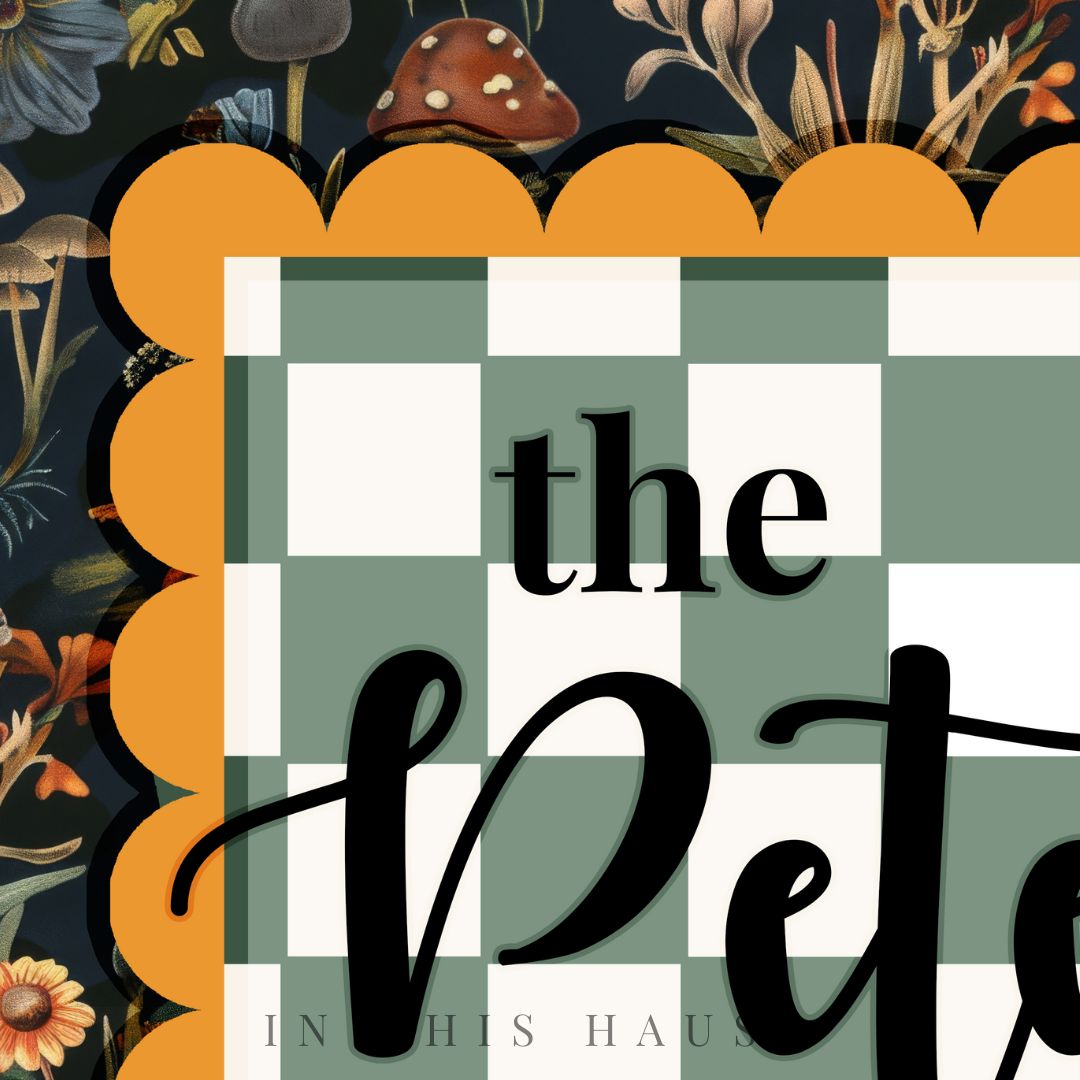 Personalized family plaque with floral mushroom pattern and green checkered design, customizable with family name.