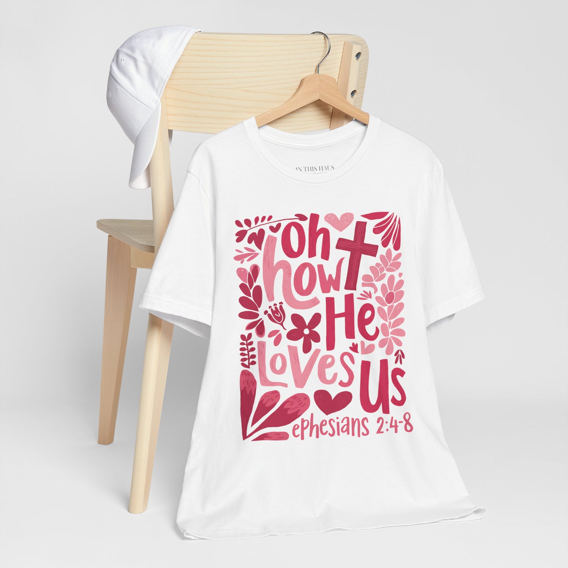 Uplifting "Oh How He Loves Us" design on a casual tee.
