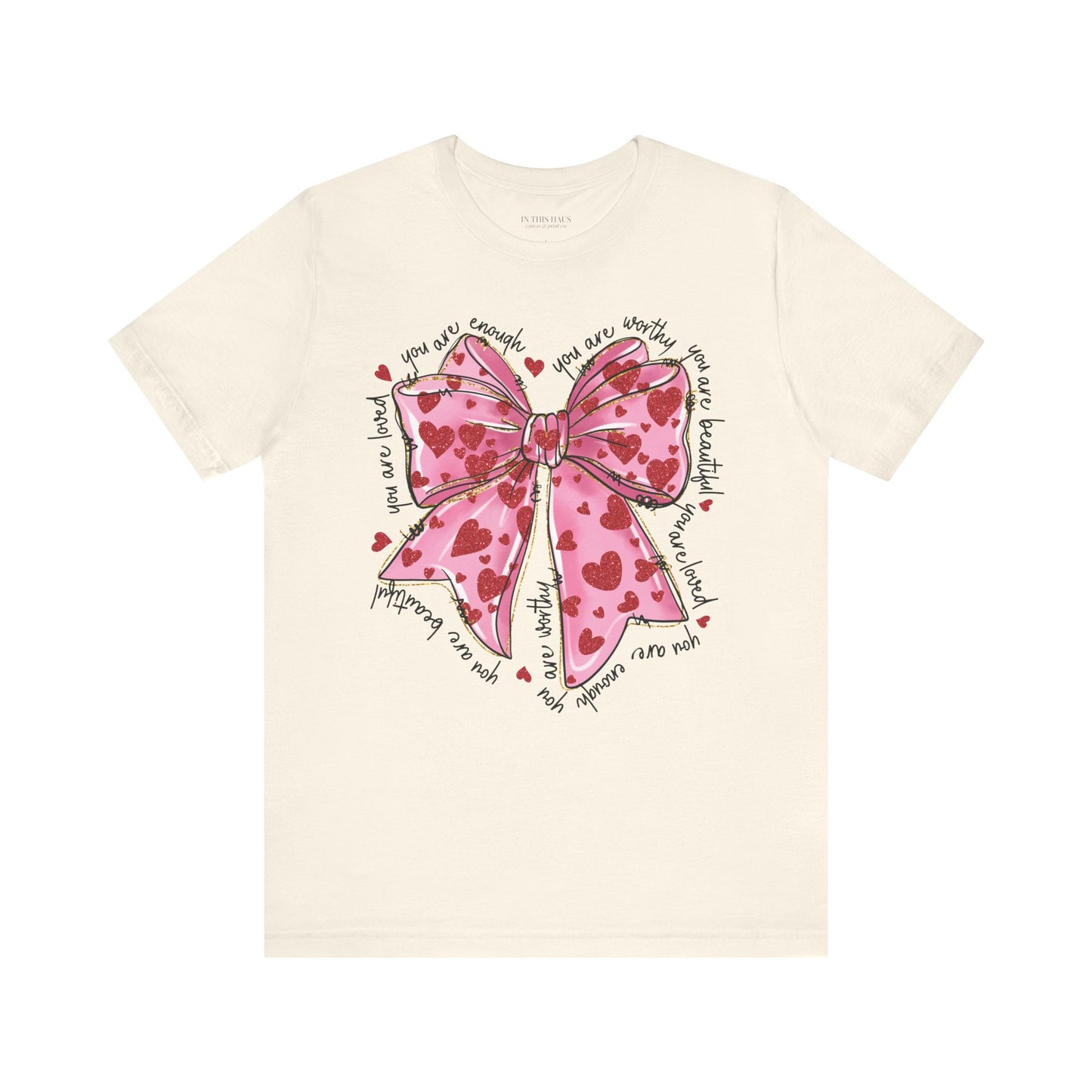 Valentine’s Day shirt with glitter heart accents.
