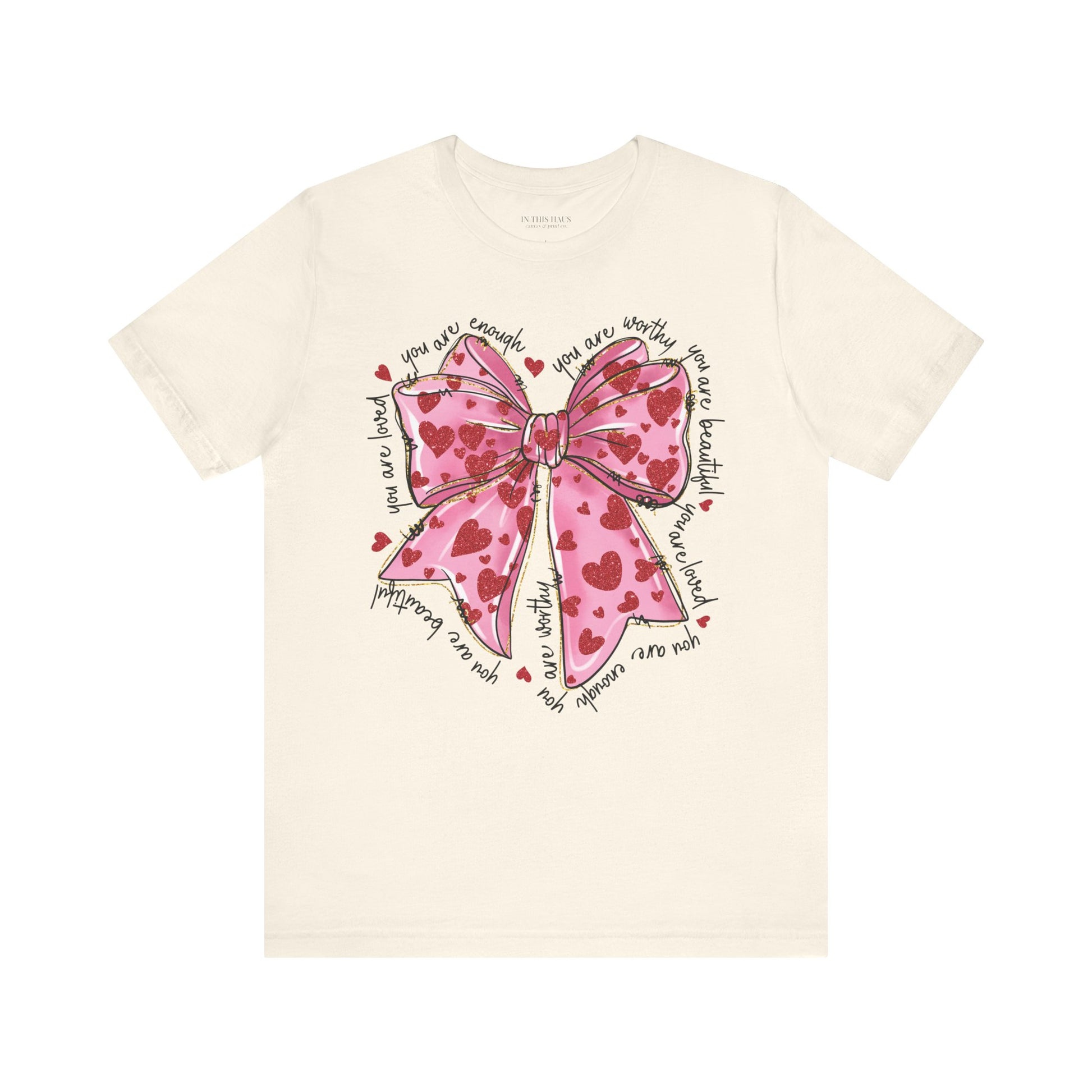 Valentine’s Day shirt with glitter heart accents.
