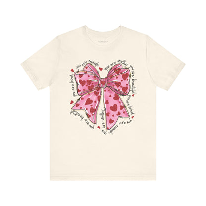 Valentine’s Day shirt with glitter heart accents.

