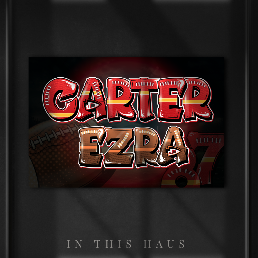 Carter Ezra Personalized Football Art Canvas featuring bold graffiti-style text and a football theme.