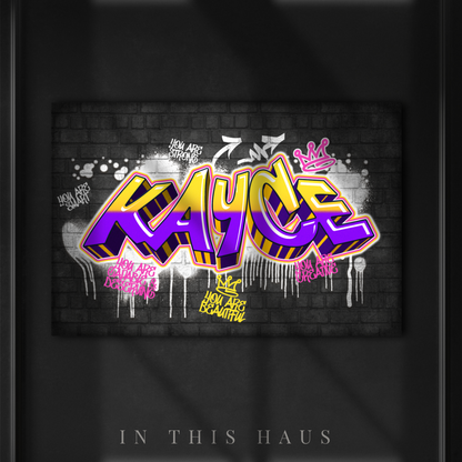 Kayce personalized graffiti canvas with bold yellow and purple lettering on a graffiti wall background.