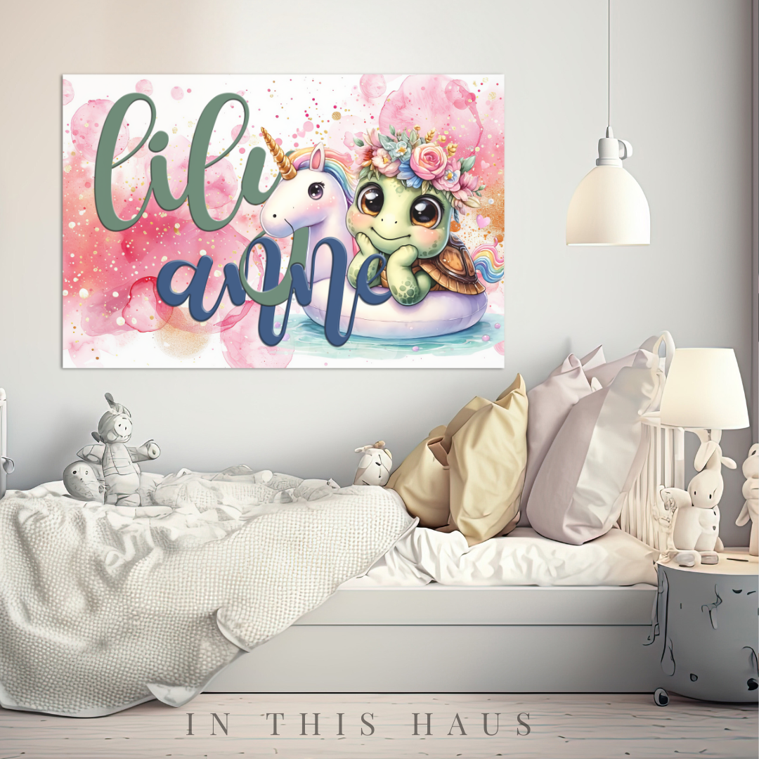 Lily Anne Personalized Kids Canvas featuring a turtle, unicorn, and customizable name.