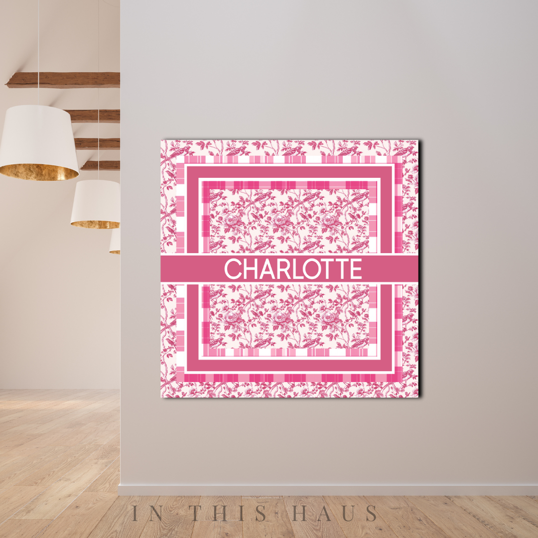 Personalized Pink Toile and Plaid Canvas | Elegant Vintage Name Sign
