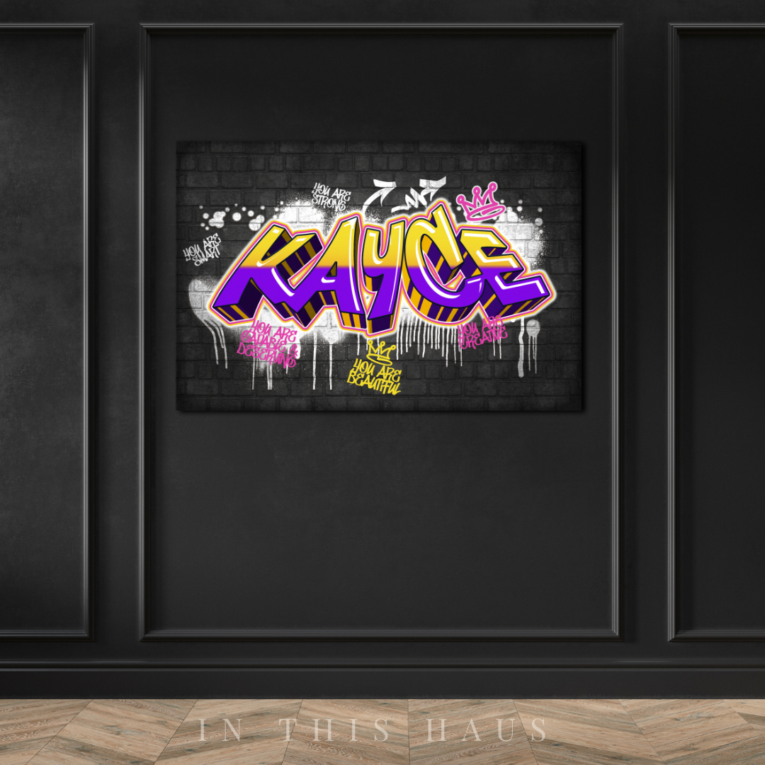 Side view of the 1.25-inch deep Kayce graffiti canvas with vibrant color details.