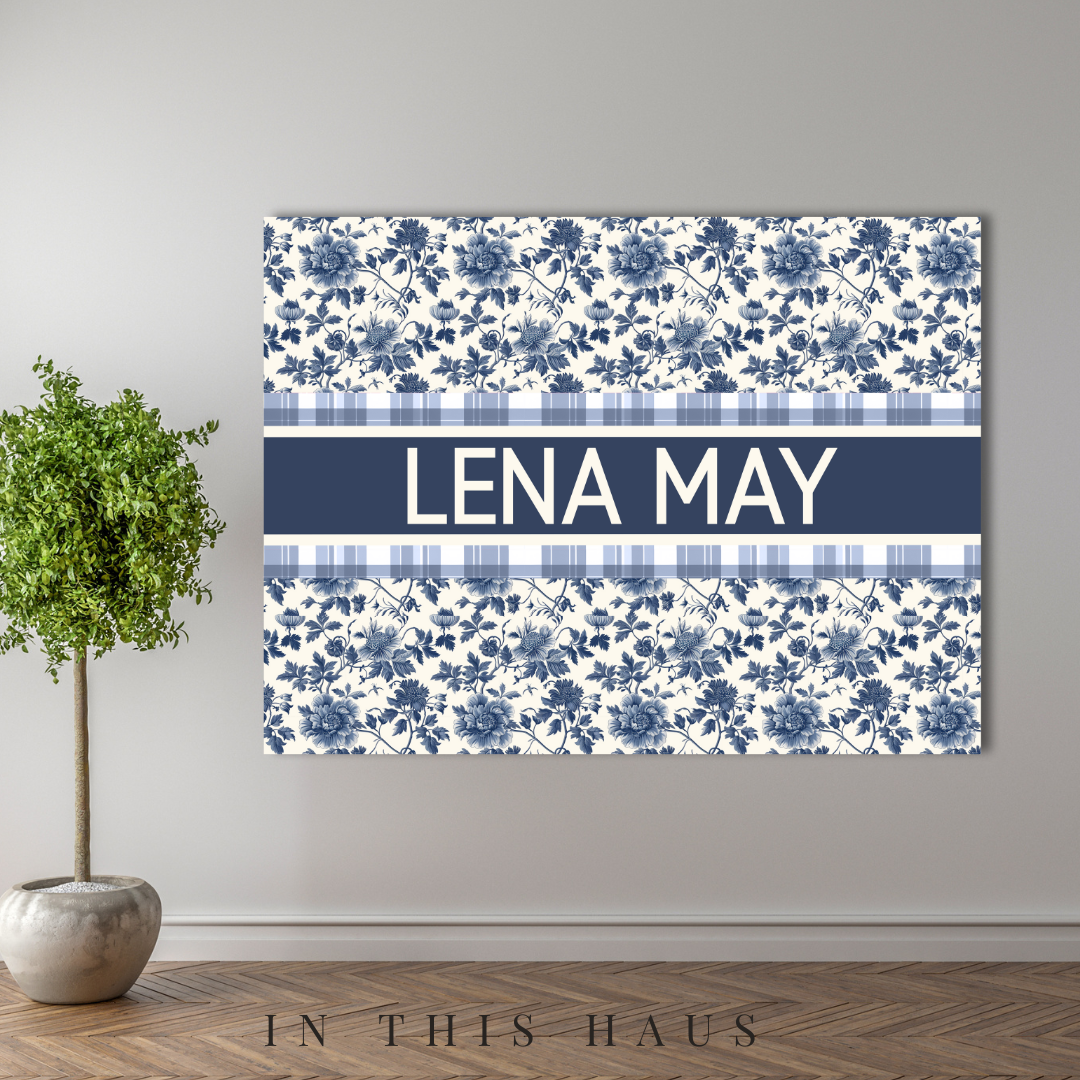 Blue floral canvas with gingham detailing and custom text for home decor
