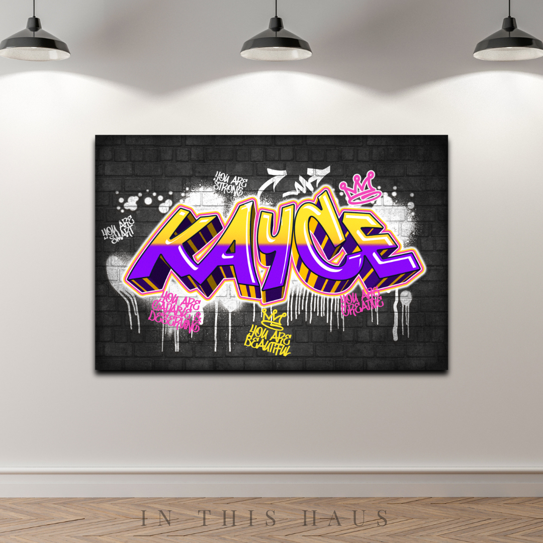 Teen bedroom decor featuring the personalized graffiti canvas as a focal point.