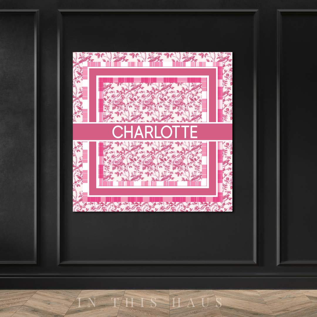 Personalized Pink Toile and Plaid Canvas | Elegant Vintage Name Sign