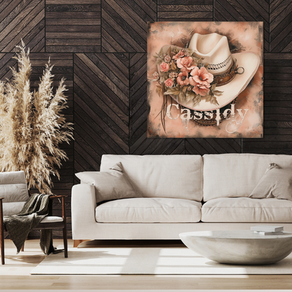Cassidy Personalized Western Canvas featuring a cowgirl hat with pink florals and a rustic peach background.