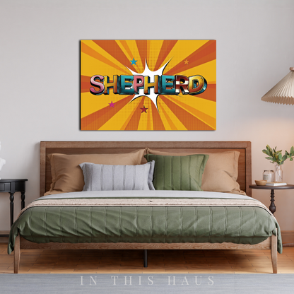 "Playroom featuring the Yellow Comic Book Canvas adding an action-packed vibe."