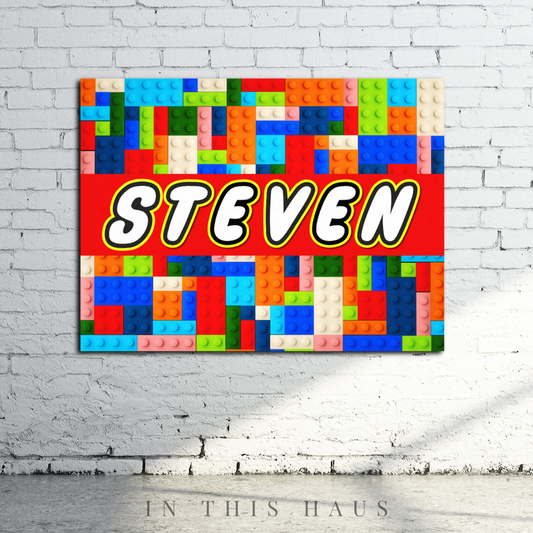 Steven Brick Wall Art featuring a custom name on a colorful block-inspired background.