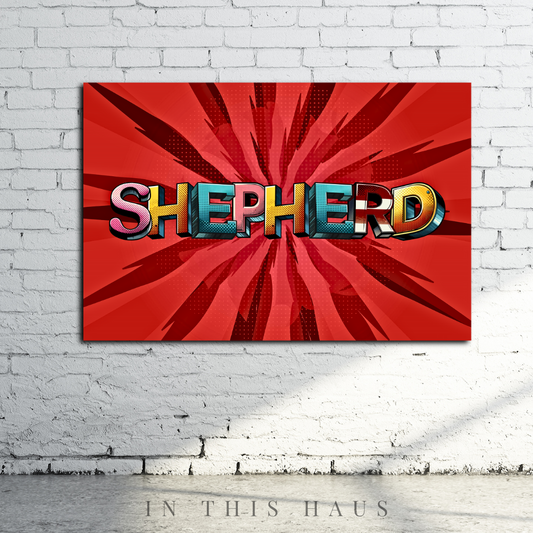 Shepherd Personalized Comic Book Canvas with bold pop art text and dynamic red background.