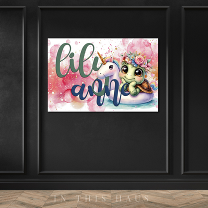 Close-up of the customizable name in playful typography on the Lily Anne Canvas.