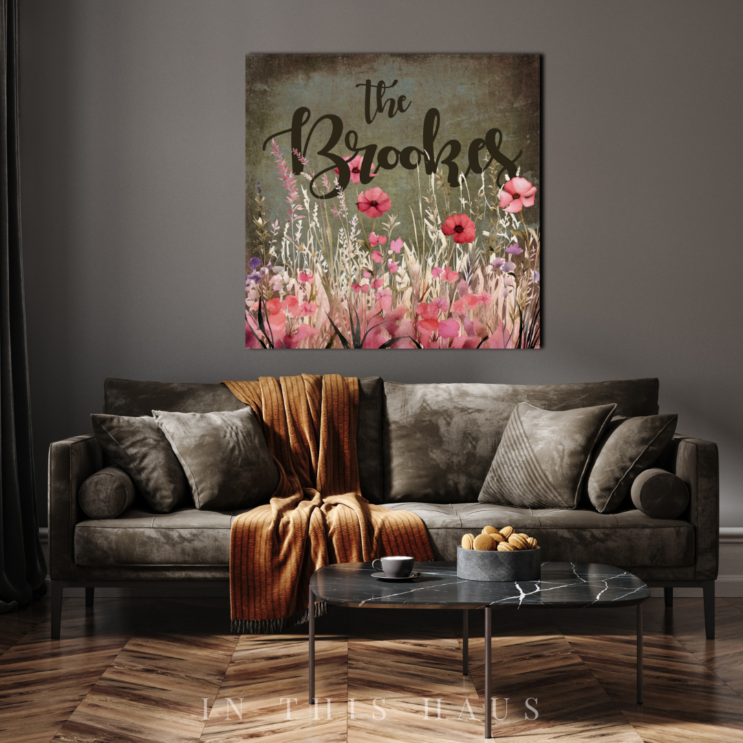 Brookes Personalized Floral Wall Art Canvas with pink and purple wildflowers and a custom name.