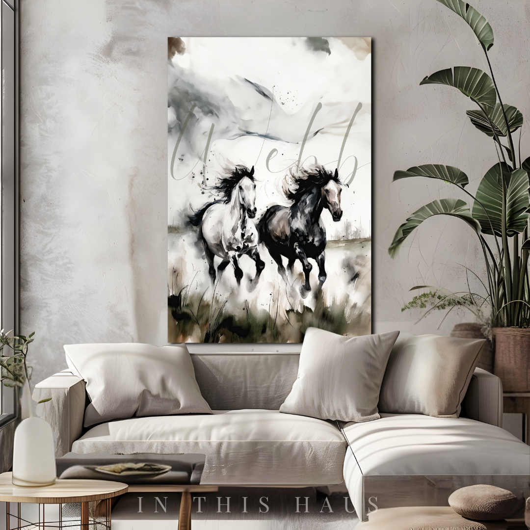 Webb Personalized Horse Canvas featuring two galloping horses in a watercolor design.