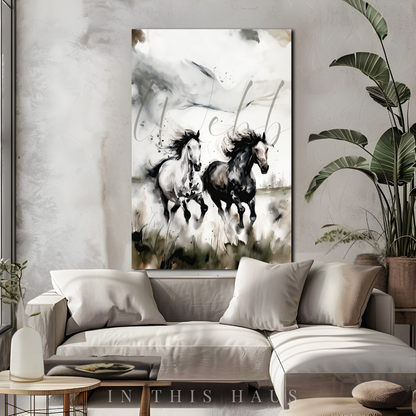 Webb Personalized Horse Canvas featuring two galloping horses in a watercolor design.
