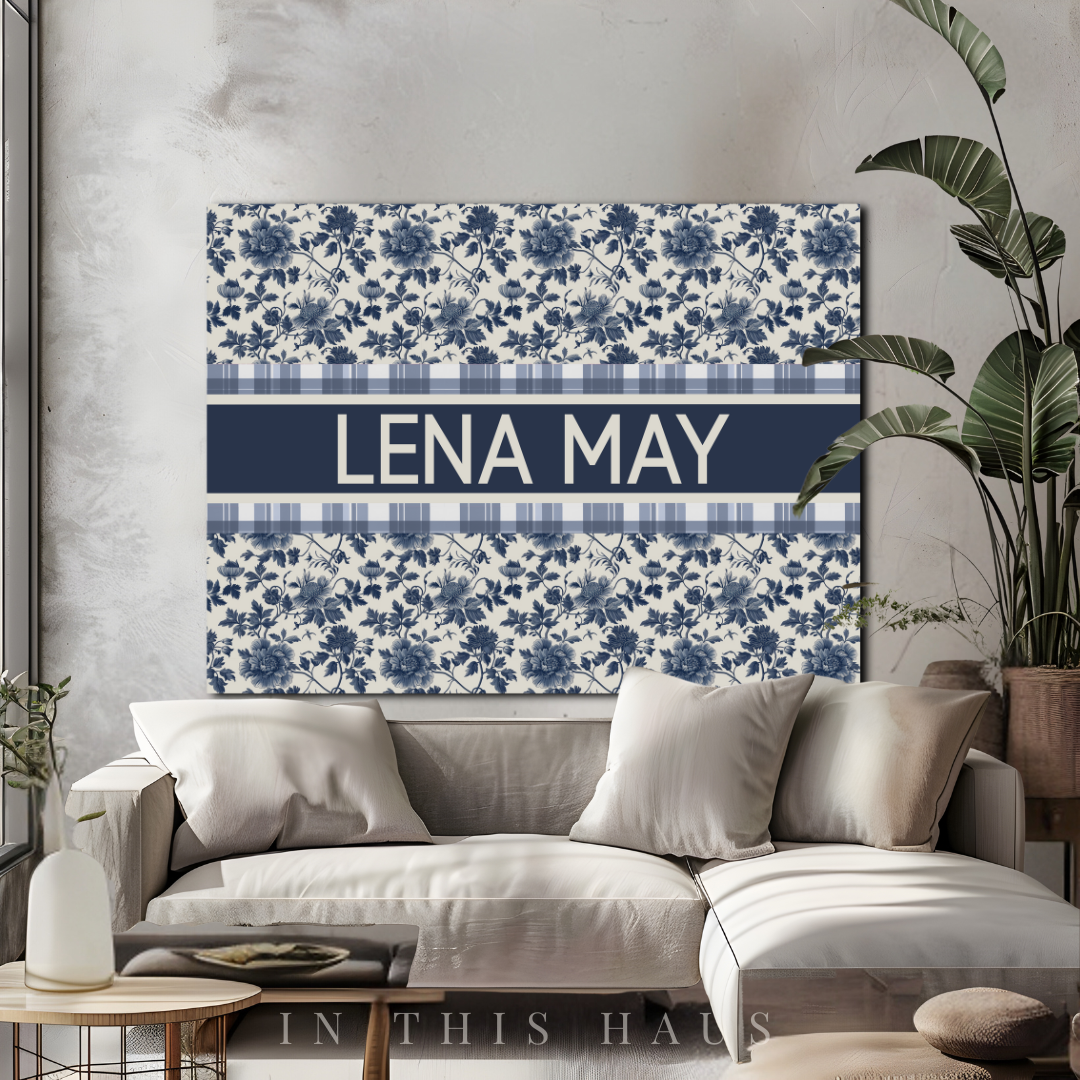 Modern vintage nursery wall art featuring a custom name and timeless style

