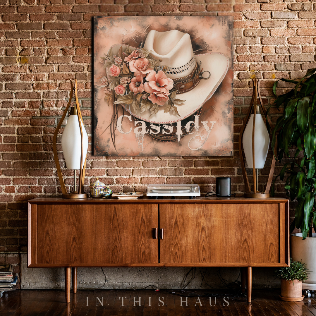 Dining area featuring the Cassidy Canvas, blending feminine and rustic styles.