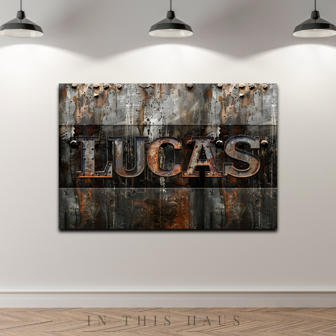 Rustic wall decor featuring the personalized industrial metal letters sign in a modern setting.