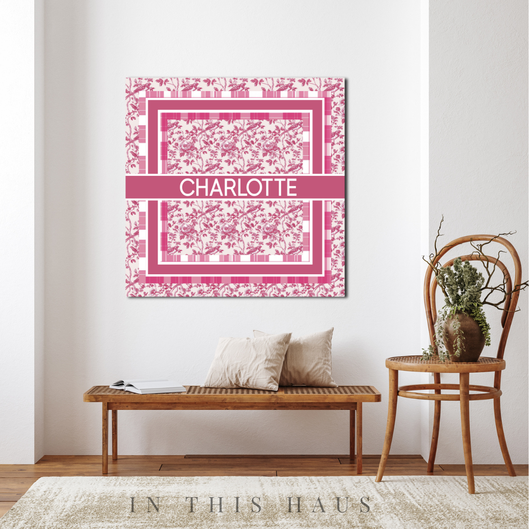 Personalized Pink Toile and Plaid Canvas | Elegant Vintage Name Sign